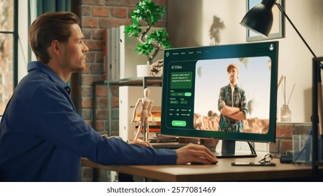 Young Creative Marketing Brand Specialist Uses AI Image Generation Software on Desktop Computer, Creating Futuristic Woman Portrait. Digital Art Creator using AI Assistant for Ebusiness - Powered by Shutterstock - Get 15% off with code: PIKWIZARD15