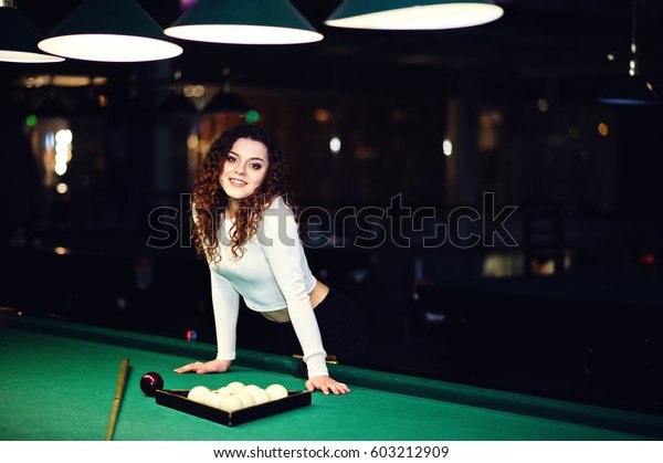Young Curly Girl Posed Near Billiard Stock Image Download Now
