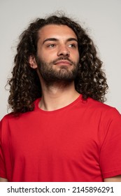 Young Curly Hispanic Man Standing Straight And Proud, Isolated On White.