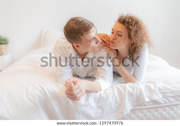 Young Cute Couple Together Bedpassionate Love Stock Photo