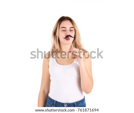 Young cute girl with moustache, isolated