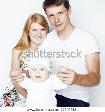 young cute happy modern family, mother father son isolated on white