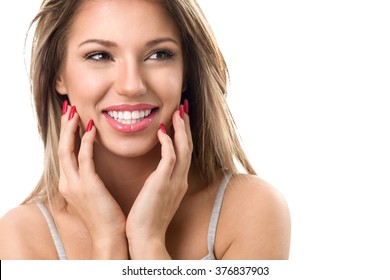 
Young Cute Smiling Girl With Perfect White Teeth On White Background