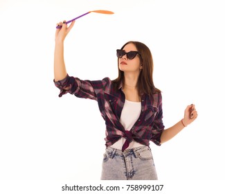 Young Cute Woman With Fly Swatter, Isolated