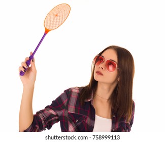 Young Cute Woman With Fly Swatter, Isolated