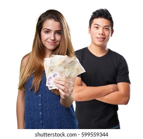 young cute woman holding bank notes - Shutterstock ID 599559344