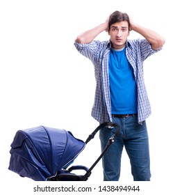 Young Dad With Baby Pram Isolated On White