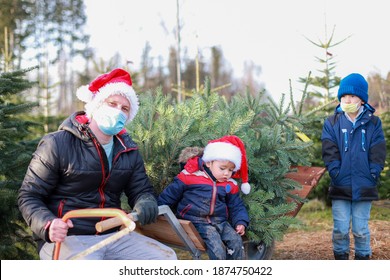 Young Dad With A Saw In His Hand And Two Little Son At Cut Your Own Freshly Christmas Tree Farm During Coronavirus, COVID-19 Lockdown. Mixed Race Asian-German Family Wearing Surgical Face Mask.