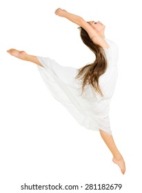 Young dancing girl in white dress isolated
