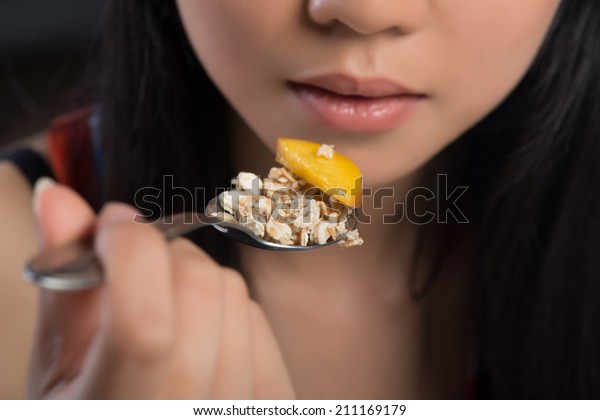 Young Darkhaired Asian Woman Having Breakfast People Beauty