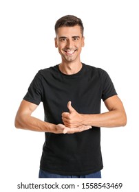 Young Deaf Mute Man Using Sign Language On White Background