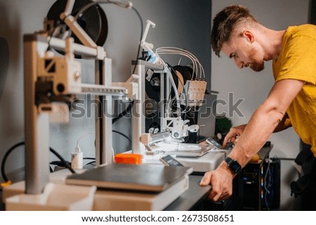 Young designer engineer using a 3D printer in the laboratory and studying a product prototype, technology and innovation concept