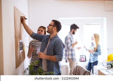 Young developers are brainstorming new algorithms how to make their software better optimized for users , while writing them down on a brownboard.