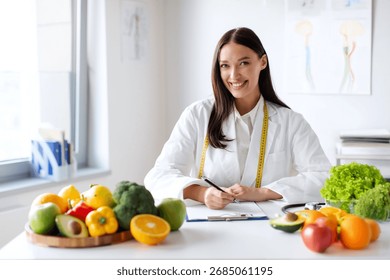 Young dietitian working with computer and making balanced corrective diet plan for patient, sitting at office desk with raw vegetables and fruits