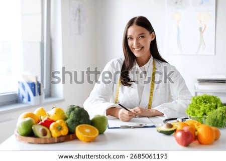 Young dietitian working with computer and making balanced corrective diet plan for patient, sitting at office desk with raw vegetables and fruits