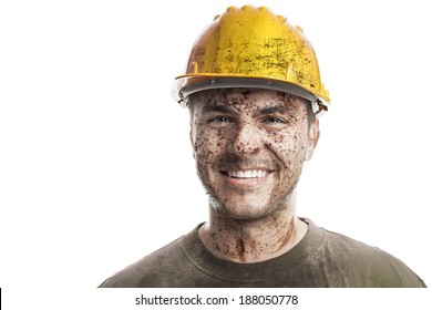 Young Dirty Worker Man With Hard Hat Helmet Isolated On White Background