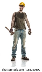 Young dirty Worker Man With Hard Hat helmet  holding a hammer isolated on White Background