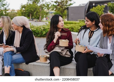 Young Diverse Business Women Having Fun Together During Lunch Break Outside Of Office