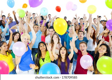 Young Diverse World People Celebrating With Colorful Balloons