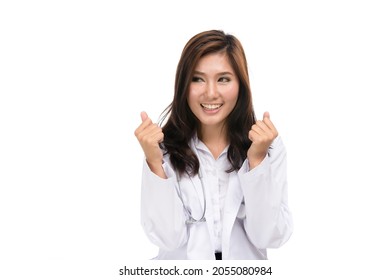 Young doctor Asian woman feeling amazed and happy because of an unexpected surprise, concept positive emotions and facial expression,portrait of beautiful Asian woman