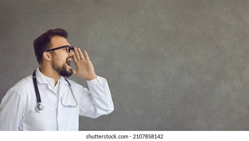 Young Doctor Or Nurse In Lab Coat Shouting Out Loud Drawing Attention To Important Healthcare News, Advertising New Medication, Promoting Public Health Screening Campaign. Side View, Copyspace Banner