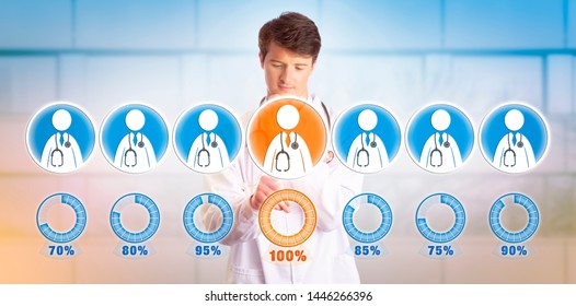 Young Doctor Selecting The Best Physician In A Virtual Lineup Of Medical Professional Candidates. Health Care Recruiting Concept For Talent Acquisition, Career Development, Performance Review.