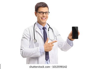 Young doctor showing a phone and pointing isolated on white background - Powered by Shutterstock