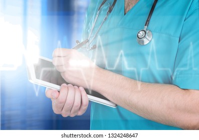 Young doctor with stethoscope and laptop on background