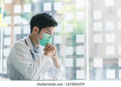 Young Doctor Wearing Stethoscope Stressed With Decision Making And Medicine Concept.