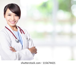 Young Doctor Woman Smile Face With Stethoscope With Nature Green Background, Model Is A Asian Female