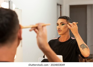 Young Drag Queen Artist Doing Her Makeup In The Dressing Room