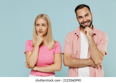 Young Dreamful Couple Two Friends Family Man Woman In Casual Clothes Looking Aside Prop Up Chin Together Isolated On Pastel Plain Light Blue Color Background Studio Portrait People Lifestyle Concept