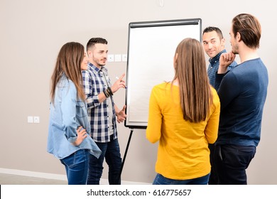 Young Dynamic Business Team Man And Woman Discussing Around A Flip Chart White Board In Meeting Room