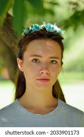 Young Eastern European Caucasian Woman With Brown Hair Green Eyes No Makeup Floral Wreath