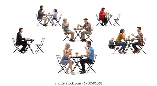 Young And Elderly People Sitting On Tables In A Cafe Isolated On White Background