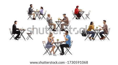 Young and elderly people sitting on tables in a cafe isolated on white background