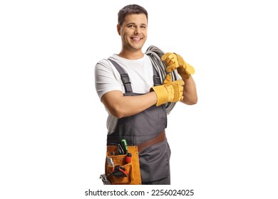 Young electrician carrying cables on shoulder isolated on white background - Powered by Shutterstock