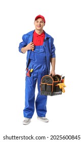 Young Electrician With Tools On White Background