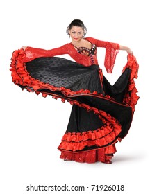 Young Elegance Flamenco Dancer In Action On White Background