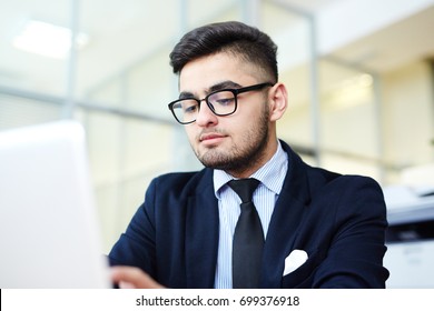 Young elegant analyst looking through online information about market development