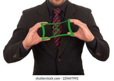 Young Elegant Businessman Dressed In Black Holding Drawn Sketched Money Bill Concept Of Security Salary Power Success