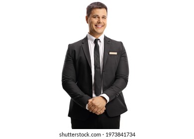 Young Elegant Man With A Name Tag On His Suit Smiling At Camera Isolated On White Background