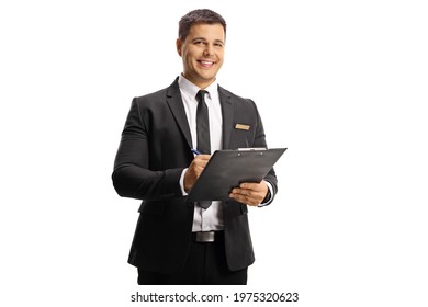 Young Elegant Man With A Name Tag On His Suit Holding A Clipboard Isolated On White Background