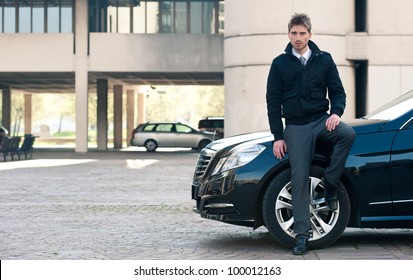 Young Elegant Man Portrait With Luxury Car.