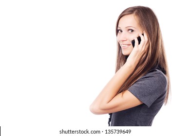 Young Elegant Woman Talking On Mobile Phone Against White Background