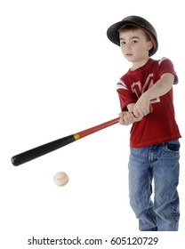 A Young Elementary Boy Batting A Baseball.  On A White Background.