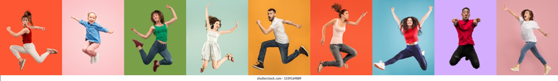 Young emotional people on multicolored backgrounds. Young surprised women jumping happy. Human emotions, facial expression concept, modern technologies. Trendy colors in collage. Made of 7 models. - Shutterstock ID 1539169889