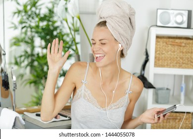 Young Emotional Woman Singing In Bathroom After Shower