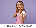 Young employee business woman corporate lawyer wears white t-shirt vest glasses point index finger camera on you motivating encourage isolated on plain purple background studio. Achievement concept