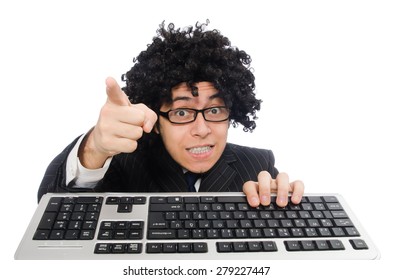 Young employee with keyboard isolated on white